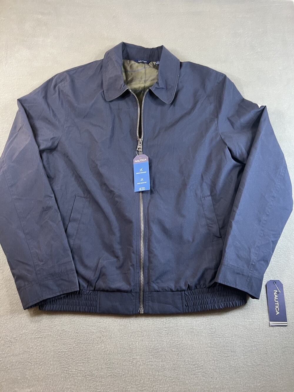NWT Nautica Men's Navy Blue Bomber Jacket Plaid Lining Size M